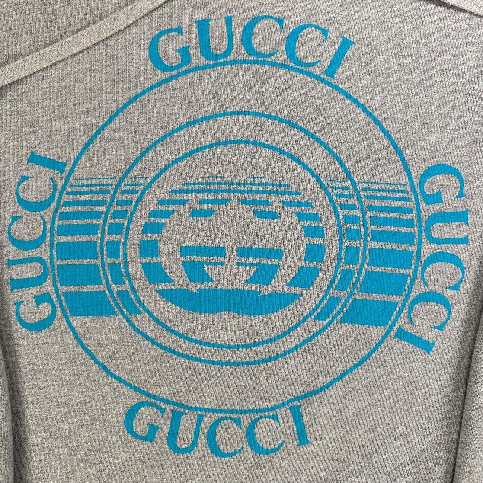 Gucci Size S Sweatshirt Grey Record Disk Logo Blue Graphic Print Drawstring Hood