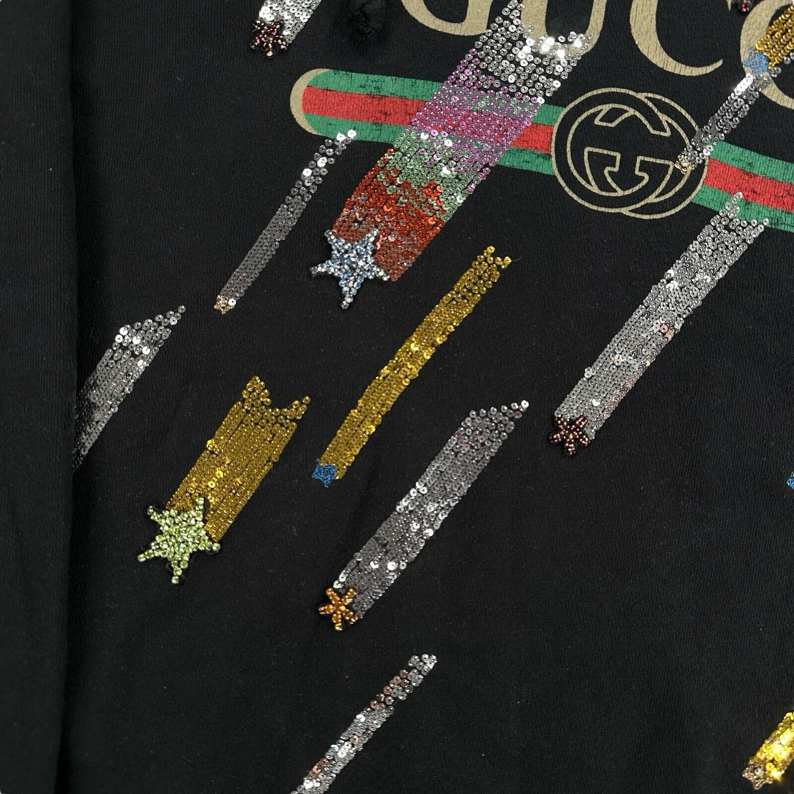 Gucci Size S Black Sweatshirt Hoodie Shooting Stars Sequin Logo Interlocking GG