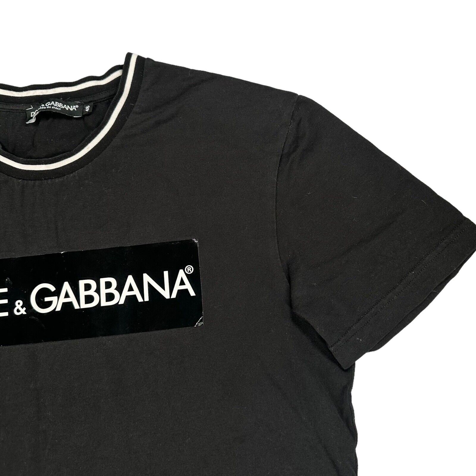 Dolce & Gabbana Size M T-Shirt Black Tape Logo Round Neck Ringer Tee Cotton