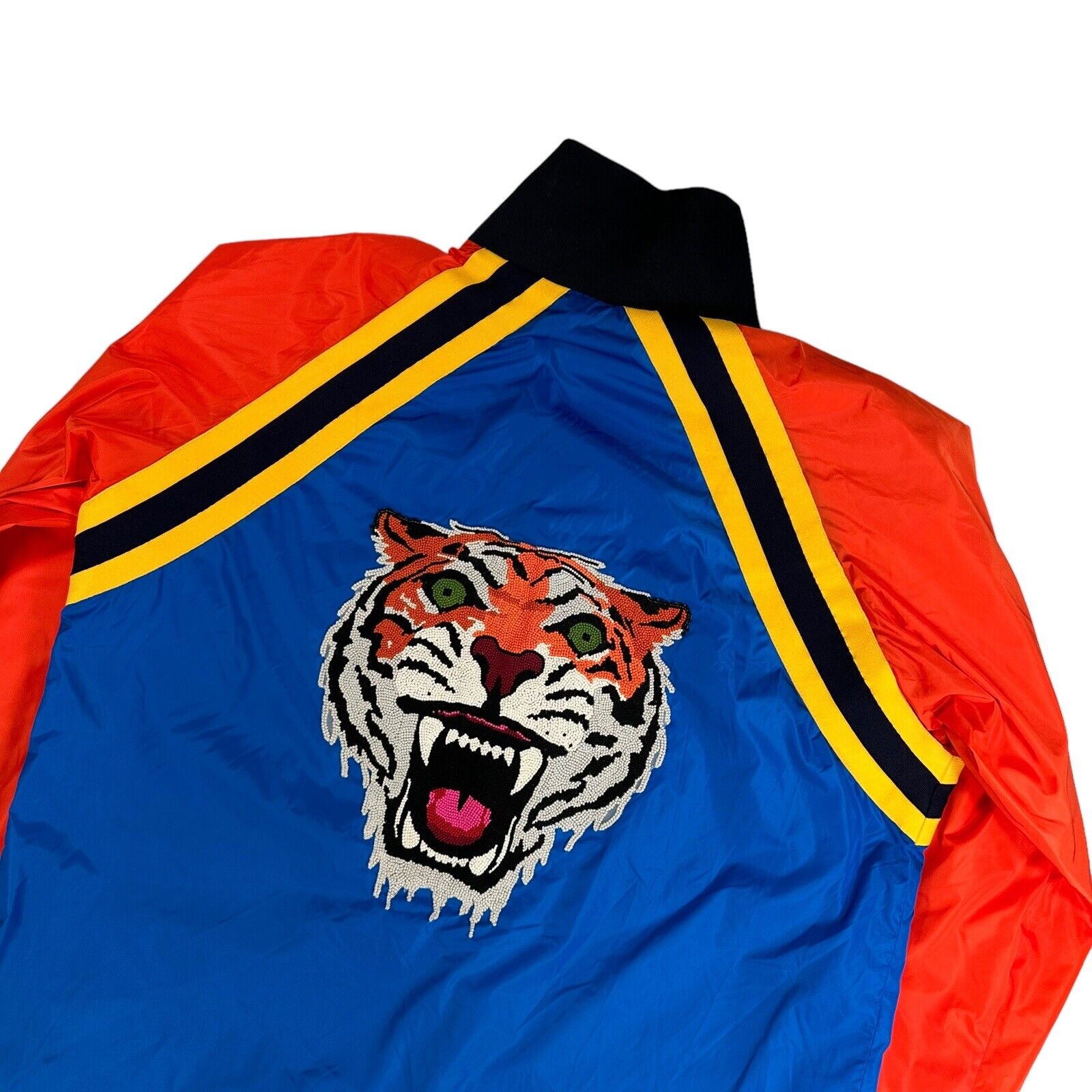 Gucci Size XL Windbreaker Blue/Orange Webbed Embroidered Tiger Logo Zip Up