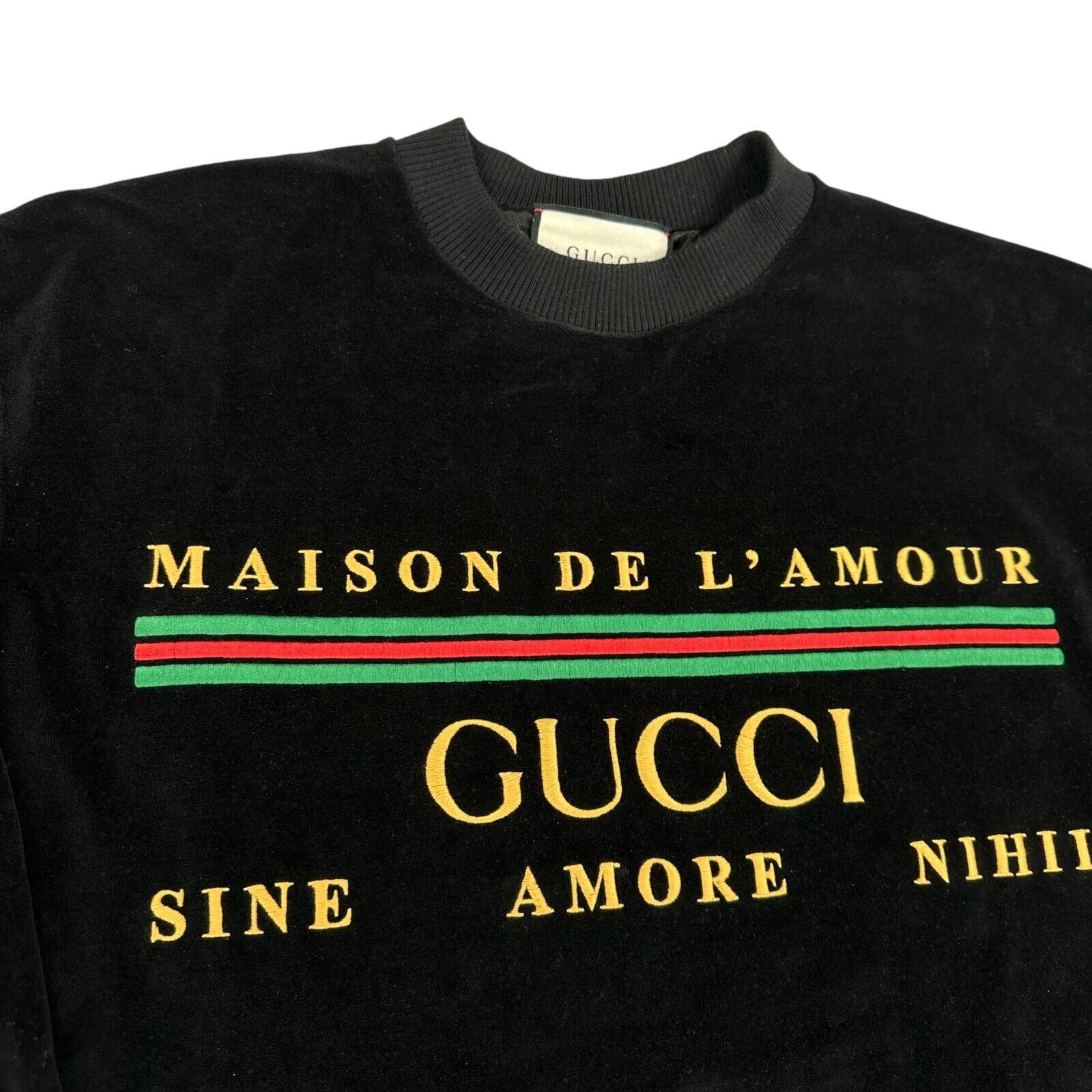 Gucci Size L Sweatshirt Black Velvet Maison De L'Amour Stripe Logo Heavy Crew