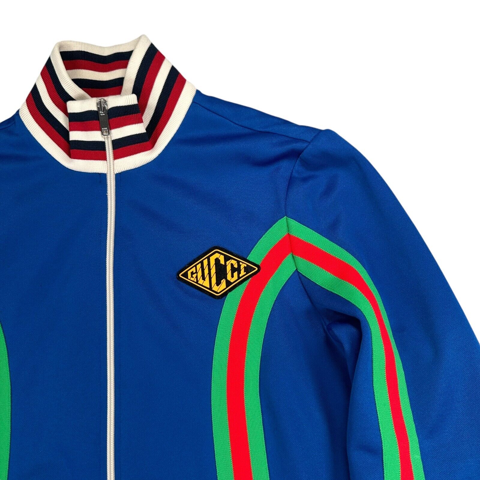 Gucci Size M Track Jacket Blue Fully Taped Striped Tennis Style Chest Logo Zip