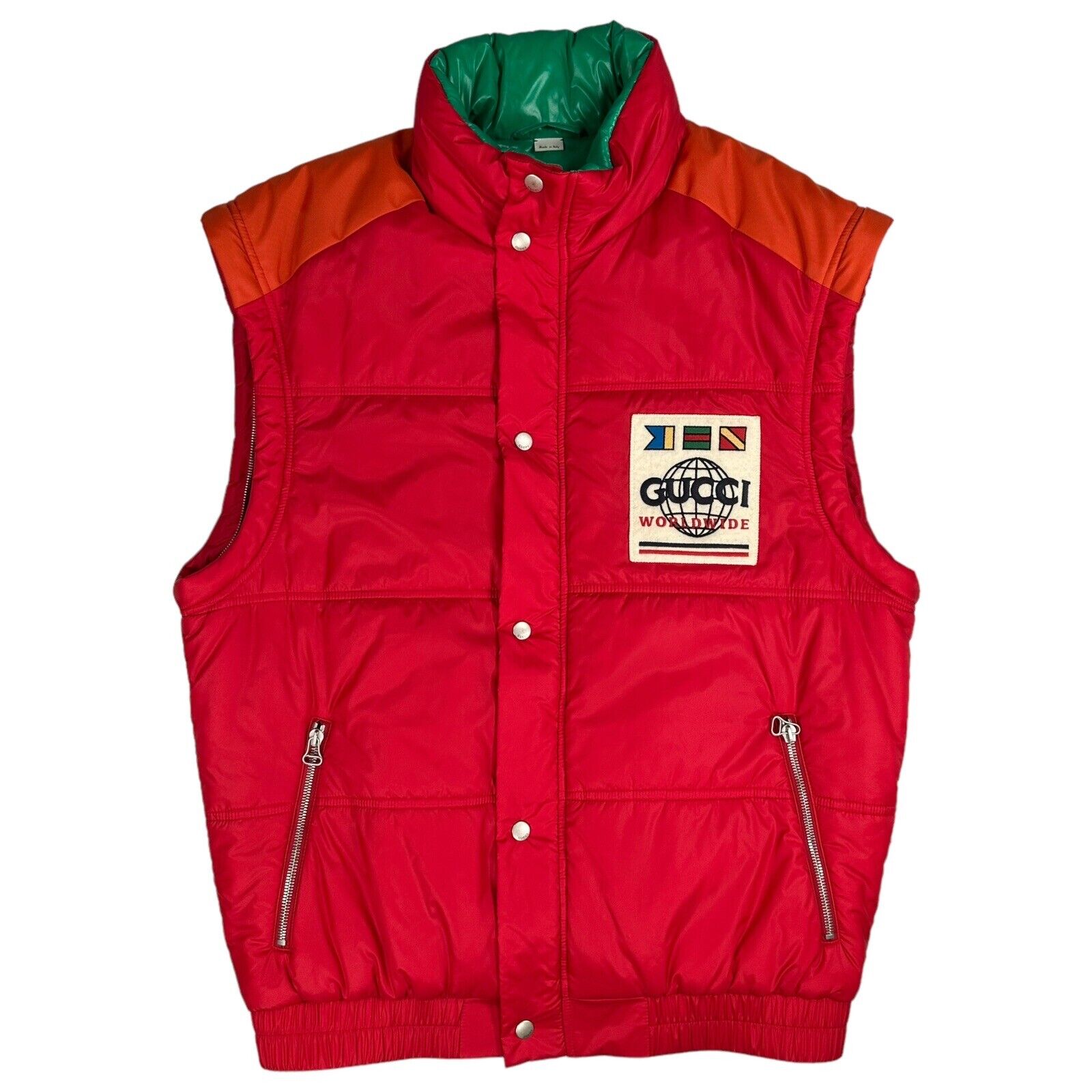 Gucci Size S Coat 2 In 1 Gilet Puffer Worldwide Logo Button Up Lined Jacket